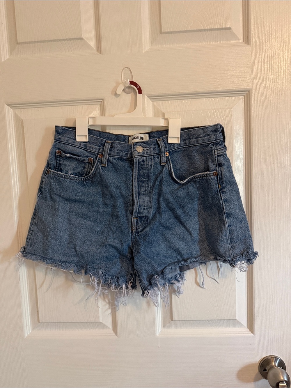 Agolde Parker long Light Blue Fringe Hem Denim Shorts 29